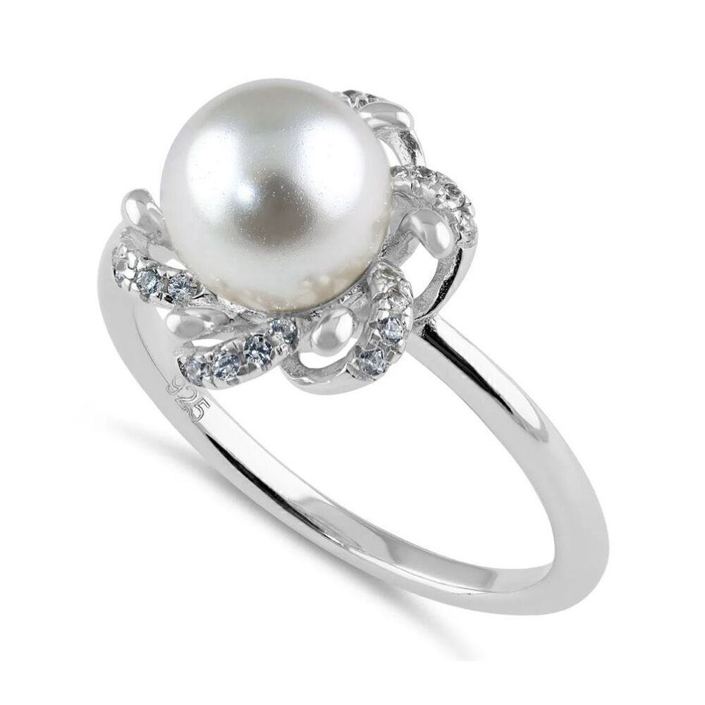 New Sterling Silver Floral Shell Pearl CZ Engagement Ring